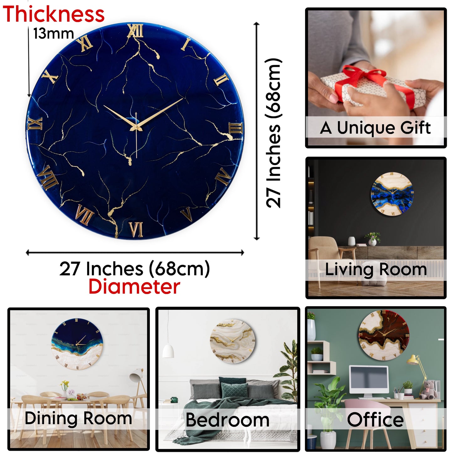 Blue Storm Silent Resin Wall Clock 27 Inches