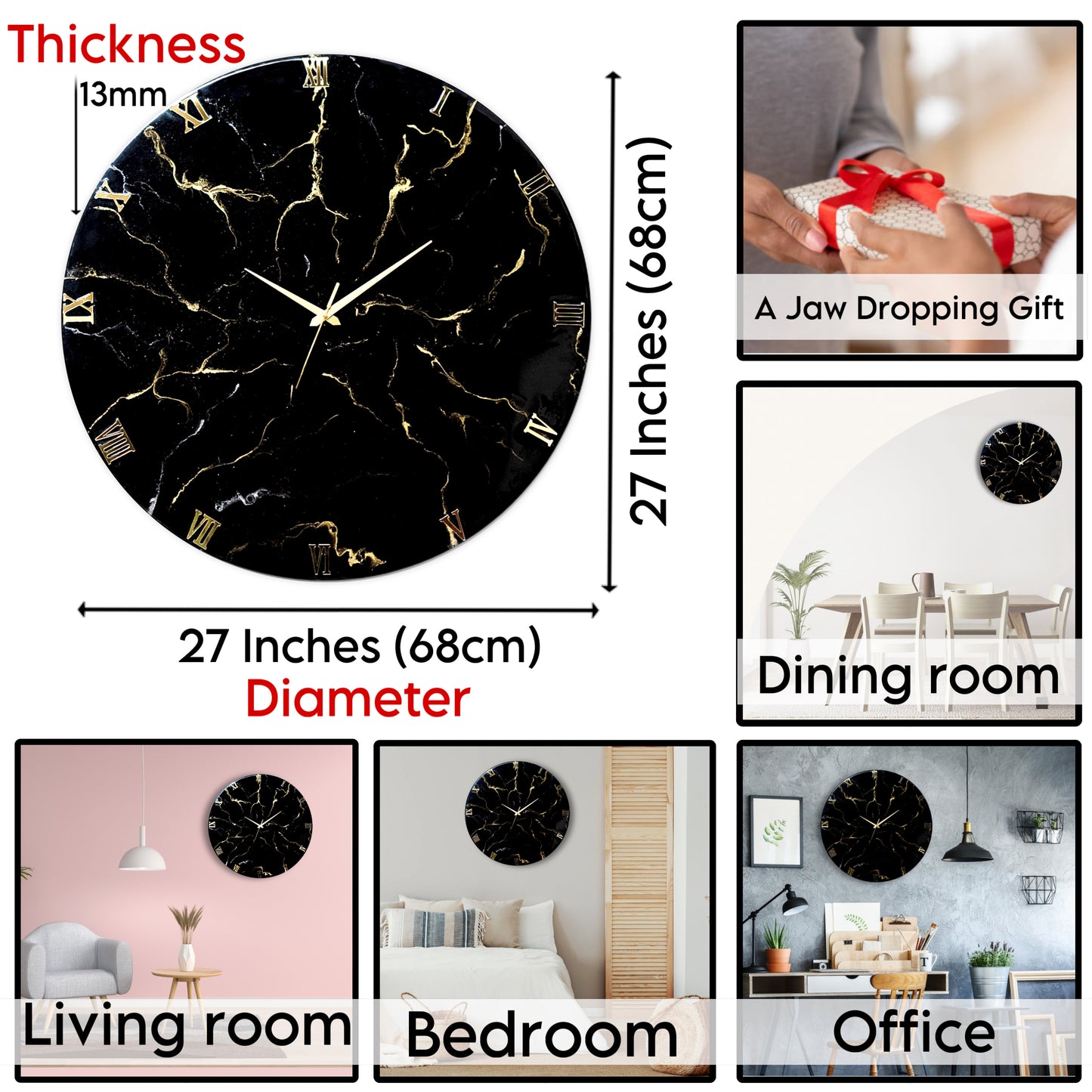 Black Marble Finish Silent Wall Clock 27 Inches