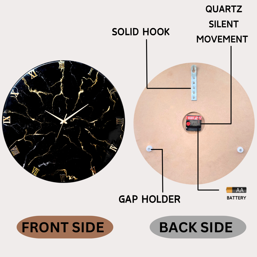Black Marble Finish Silent Wall Clock 27 Inches