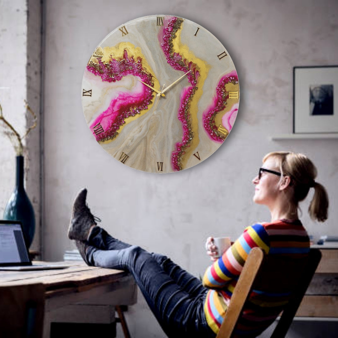 Pink Curves Marble Finish Wall Clock 27 Inches