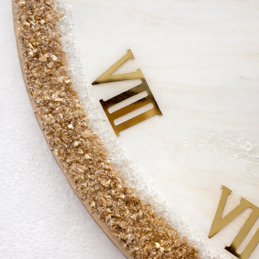 Close-up of a clock face with Roman numerals on a white background