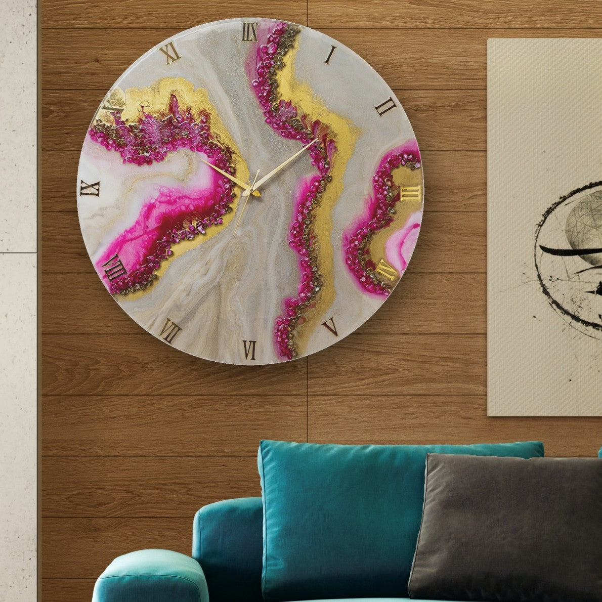 Pink Curves Marble Finish Wall Clock 27 Inches
