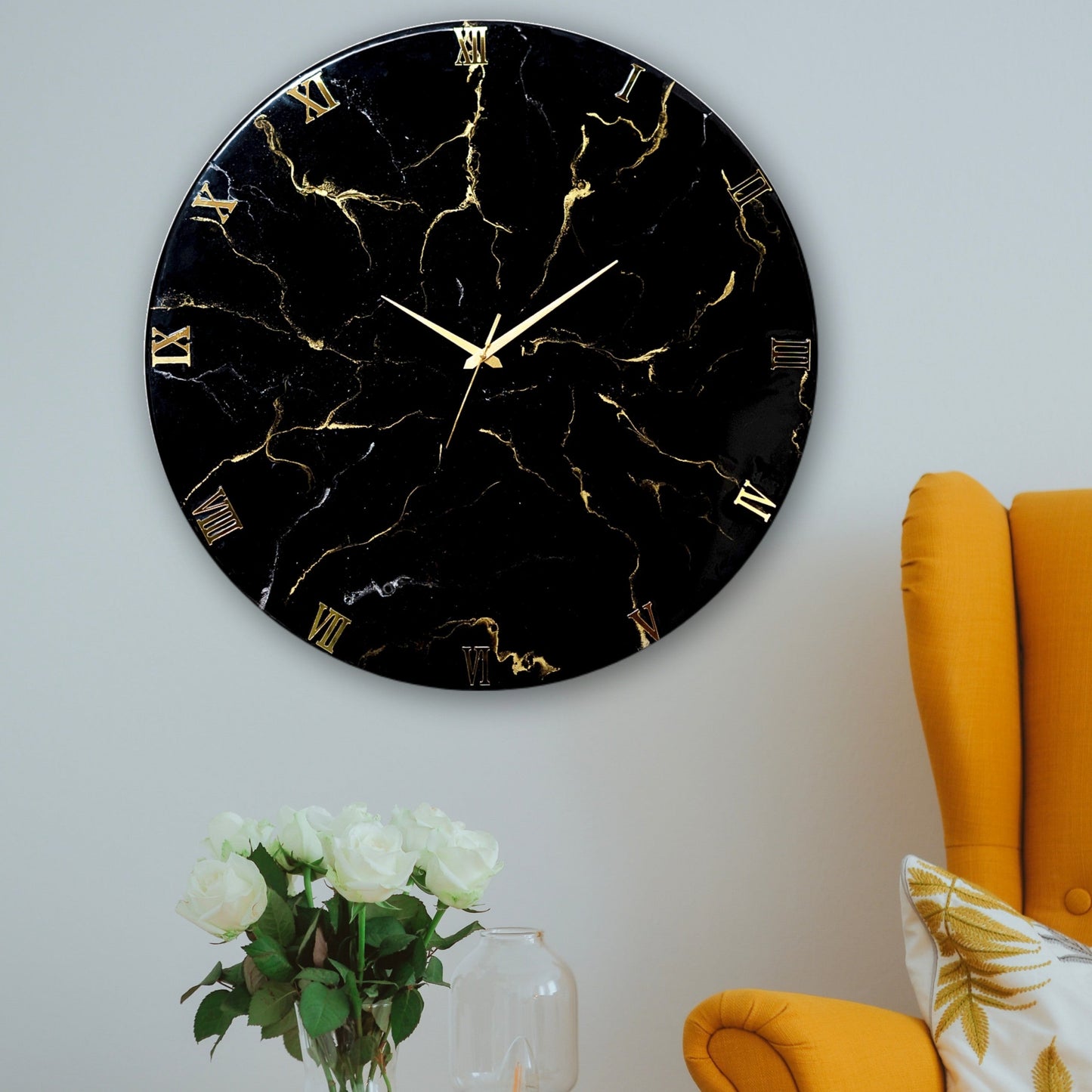 Black Marble Finish Silent Wall Clock 27 Inches