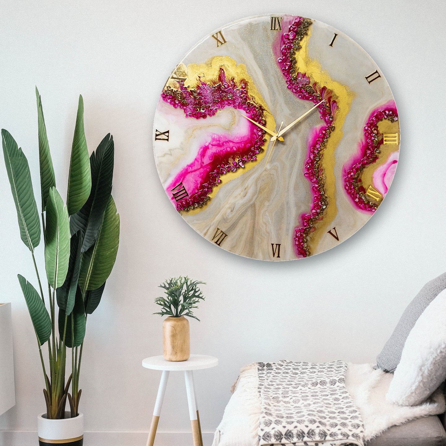 Pink Curves Marble Finish Wall Clock 27 Inches