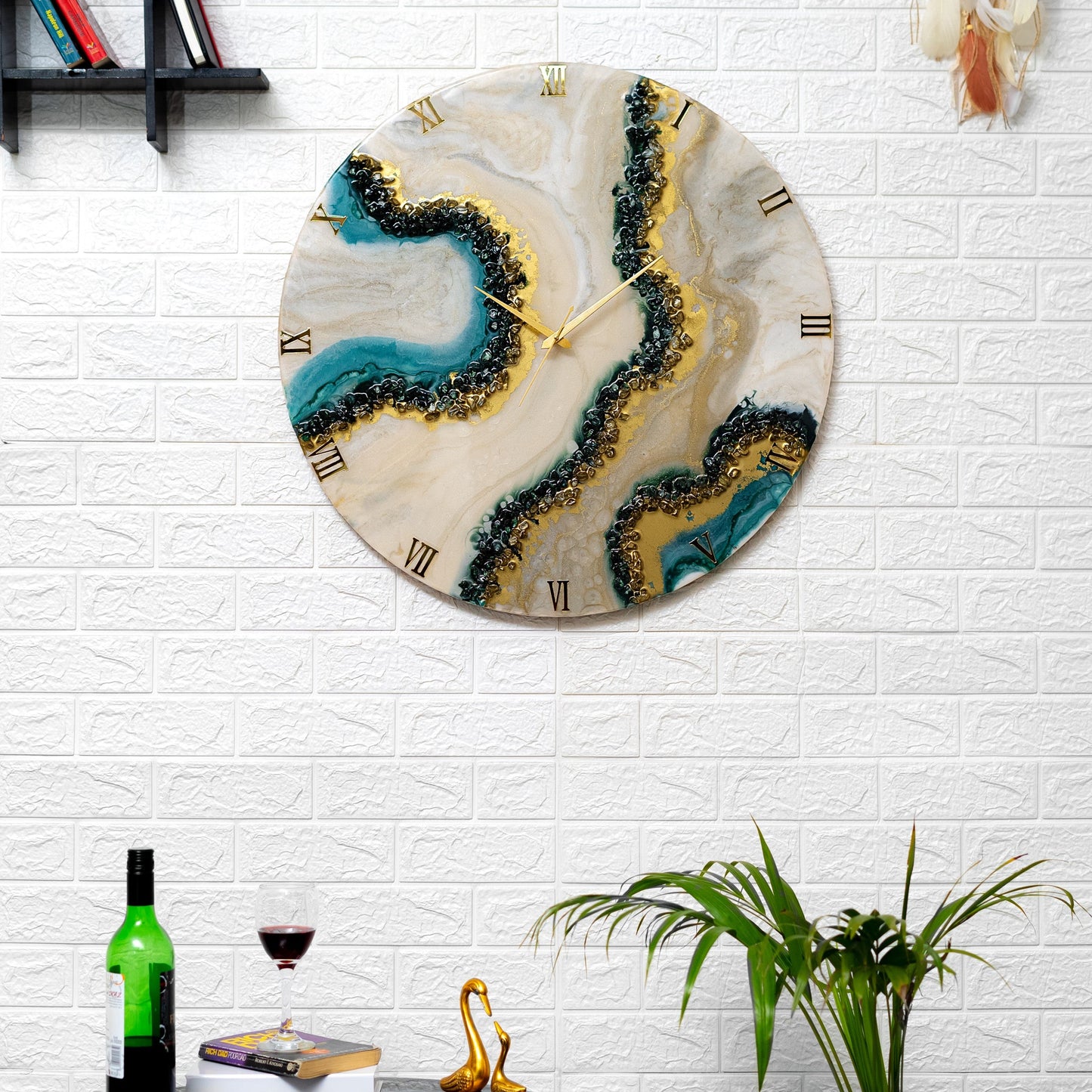 Curvy Green Shiny Marble Finish wall Clock 27 Inches