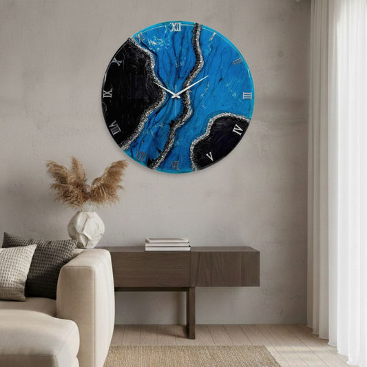 Black Blue Geode Silent Clock 27 inches