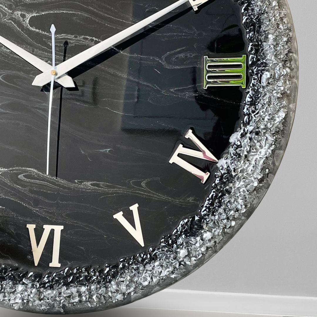 Black Silver Ring Silent Clock 17.5 inches