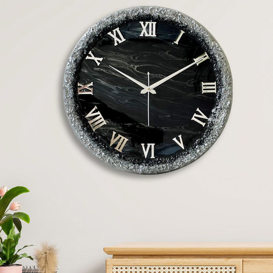 Black Silver Ring Silent Clock 17.5 inches