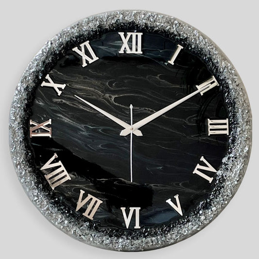 Black Silver Ring Silent Clock 17.5 inches