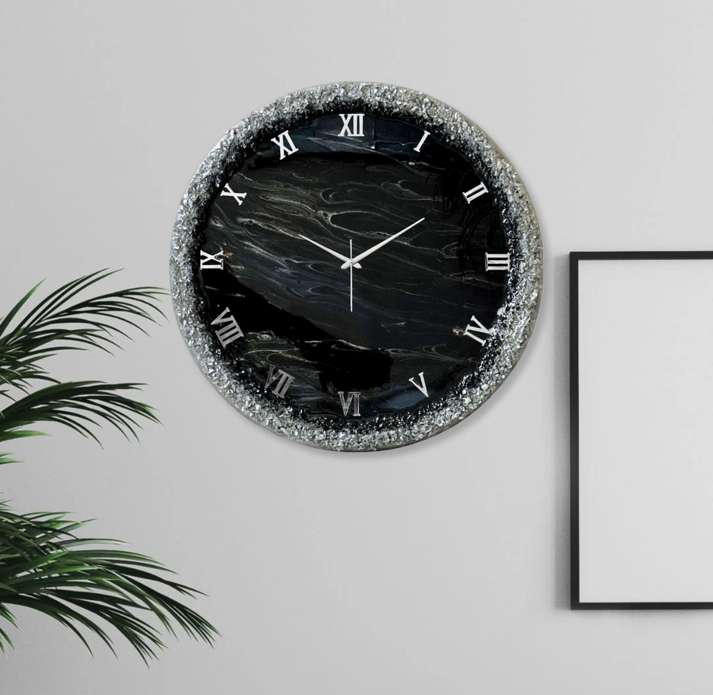Black Silver Ring Silent Clock 27 Inches